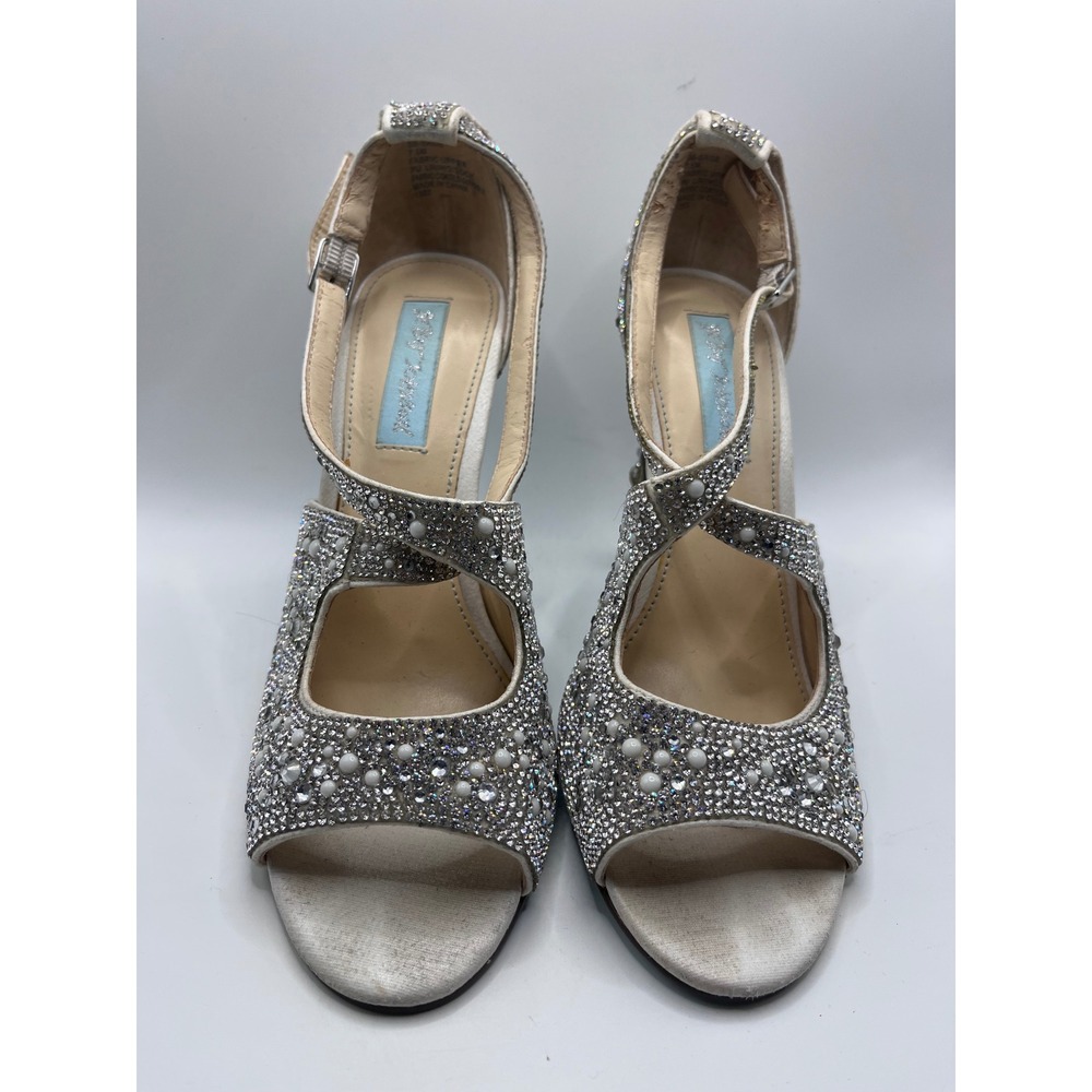 Betsey Johnson Blue Rhinestone Pearl Peep Toe Stiletto Heels Silver 7.5M